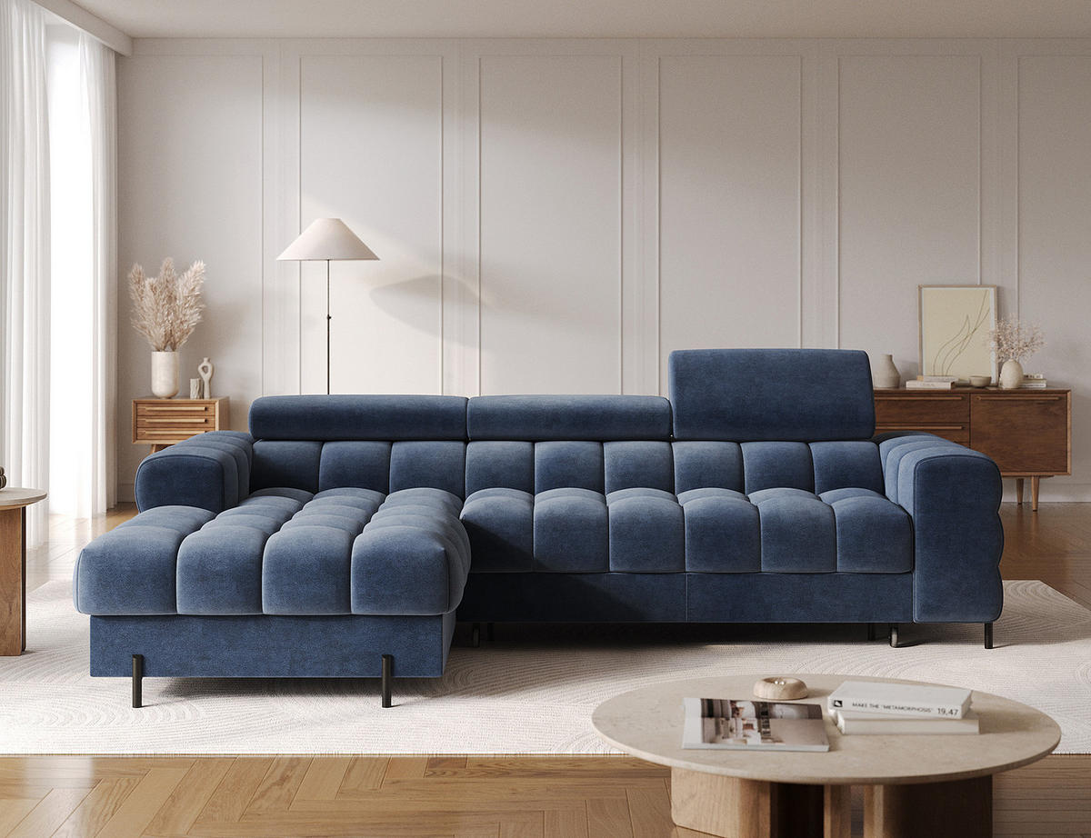 ECKSOFA FELRO mit Schlaffunktion, Bettkasten & verstellbaren Kopfstützen – Modernes Premium-Ecksofa in L-Form - Blau, Kunststoff (285/181cm) - Wohnideebilder