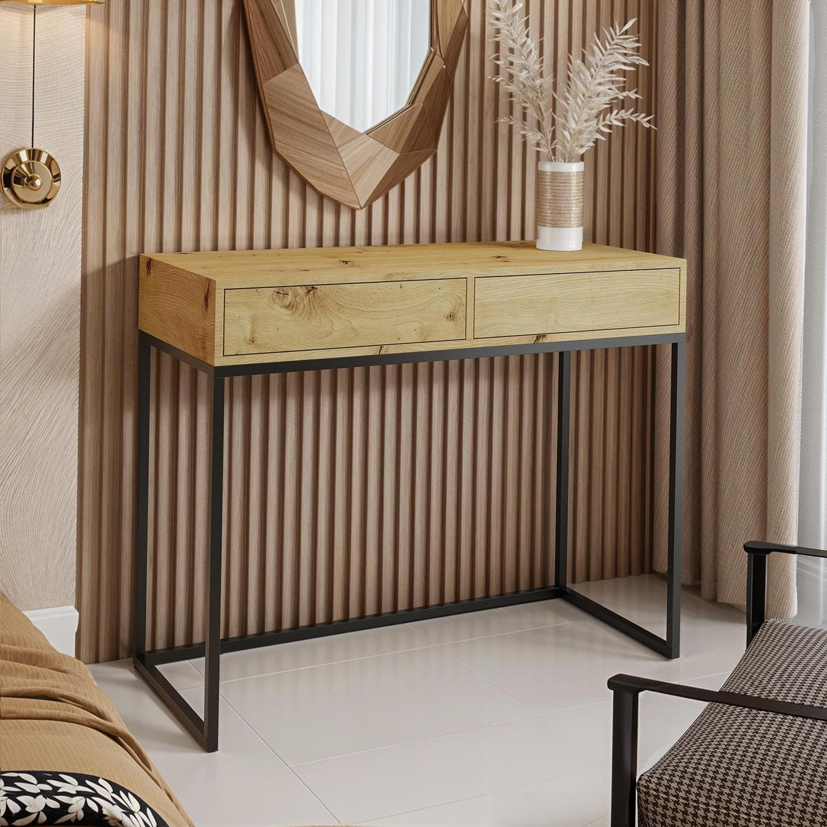 SCHMINKTISCH Cubic 100 Wotan Eiche, mit Schwarzgestell - Eiche Wotan/Schwarz, Holzwerkstoff/Metall (35/100/80cm) - Bettso