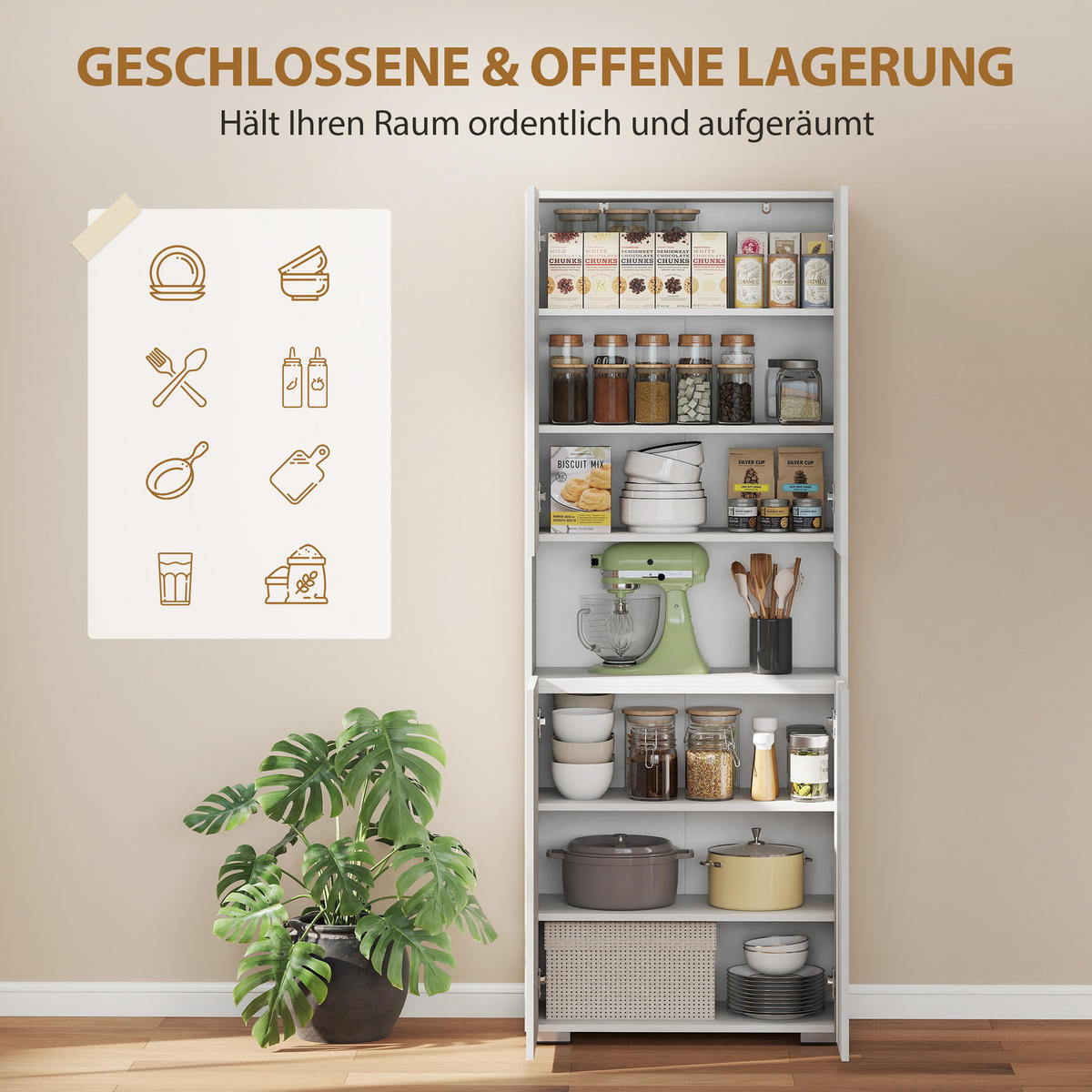 KÜCHENSCHRANK aus MDF 68/34/180 cm Hochglanzweiß - Weiß Hochglanz/Weiß, Holzwerkstoff (34/180/68cm) - HOMCOM