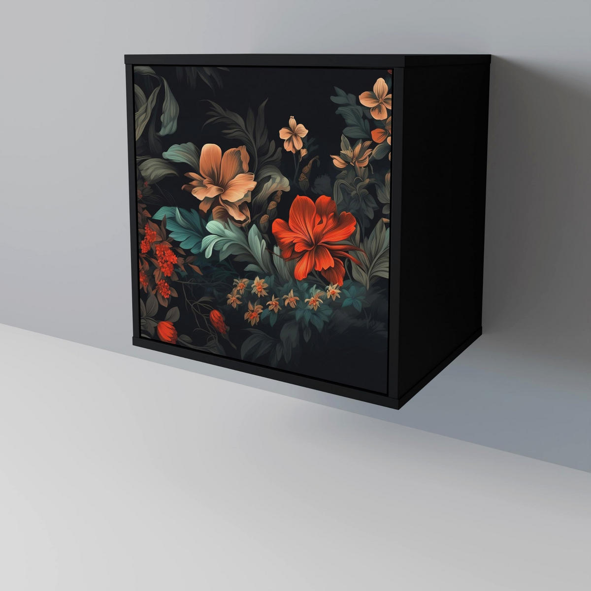 SIDEBOARD IMAGINARY BLOSSOM, Schwarz, 57,5x42x67,5 cm, Schwarze Metall-Rahmenfüße - Multicolor/Schwarz, Holzwerkstoff/Metall (57.5/67.5/42cm) - SpaceRebels