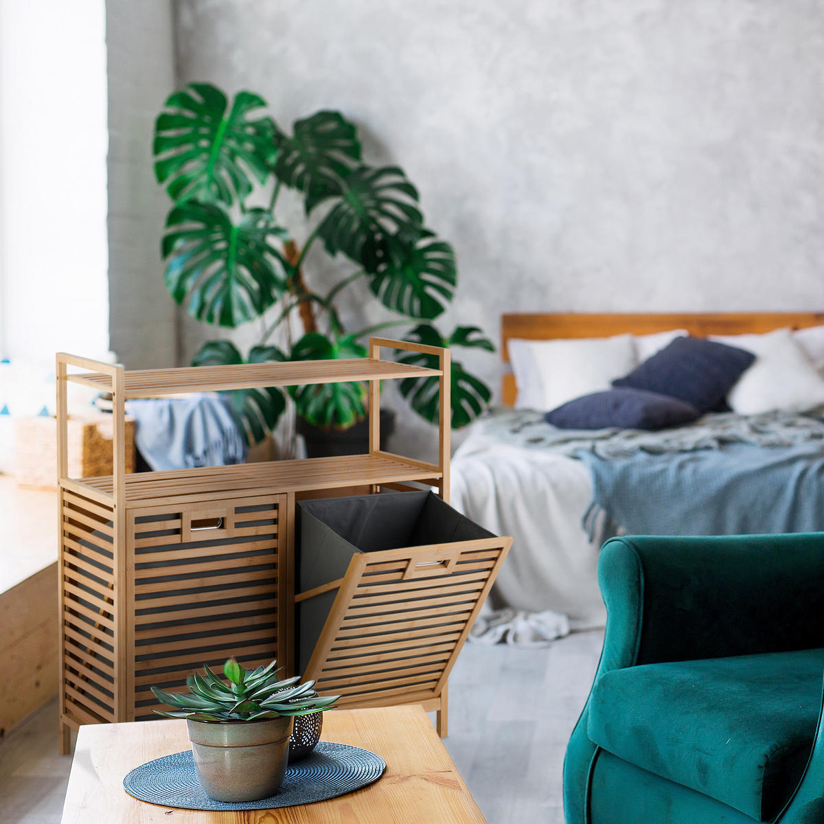 WÄSCHEKORB - Hellbraun, Holz/Textil (88/95/33cm) - Relaxdays