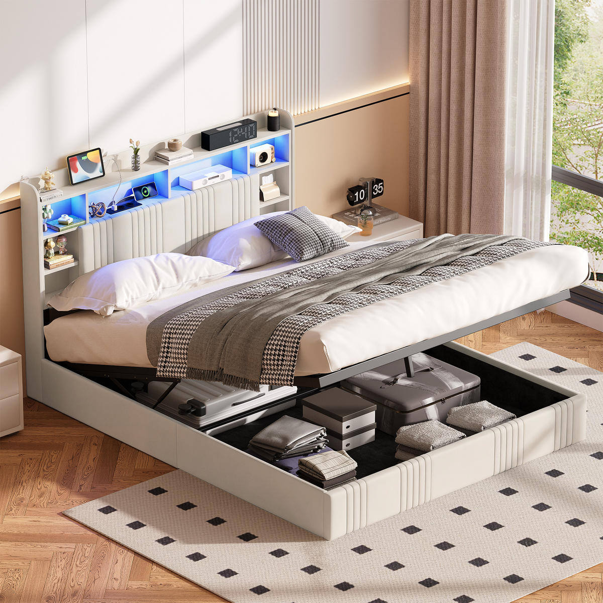 POLSTERBETT 160/200 cm,Bett Beige mit Hydraulischem Bettkasten, LED und USB - Beige, Holz/Metall (160/200cm) - FURNISHINGS HOME
