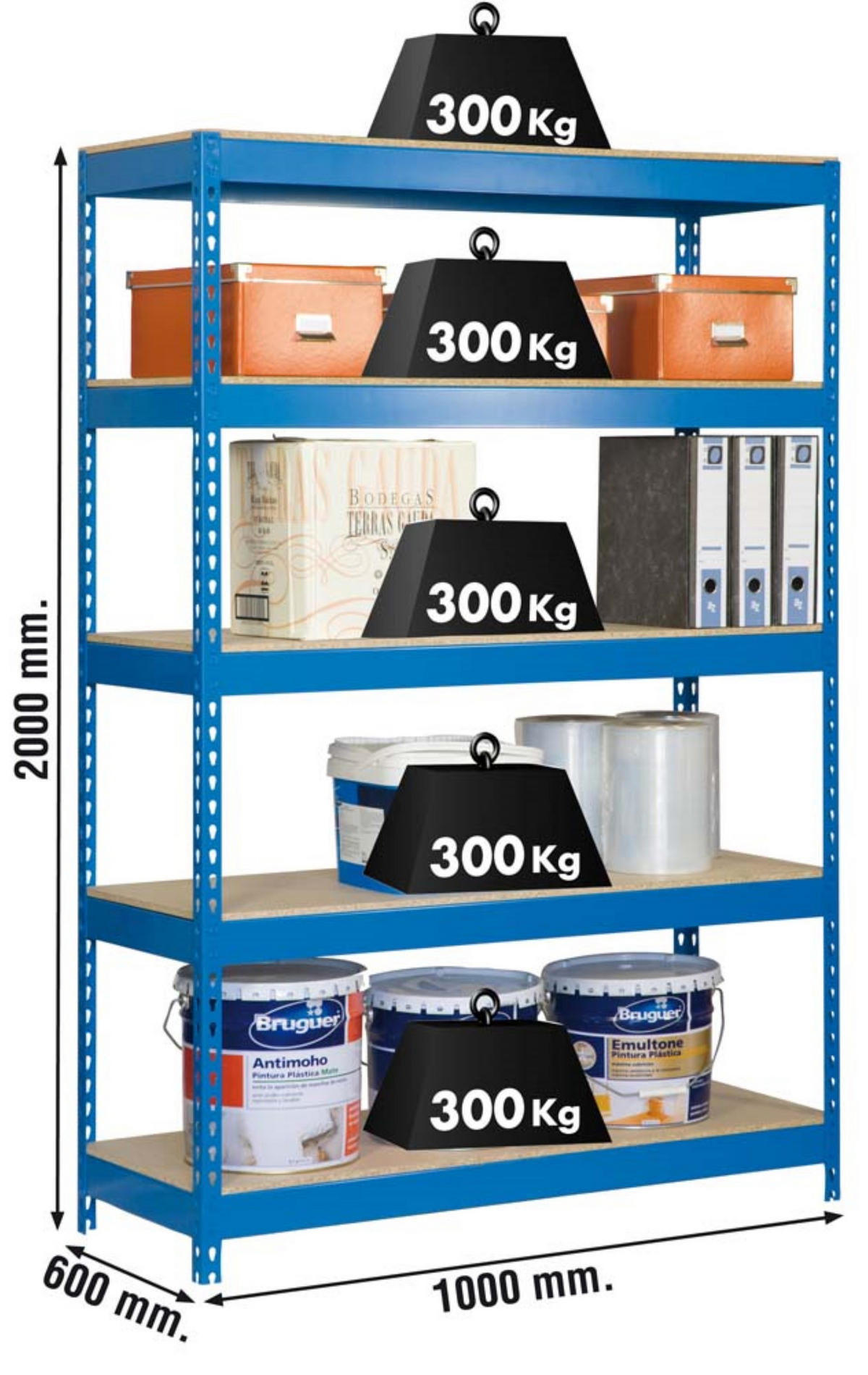 SCHWERLASTREGAL WOOD YETI LIGHT FIVE | HxBxT 200x120x45cm | Fachlast 300kg | Blau - Blau, Metall (120/200/45cm) - PROREGAL