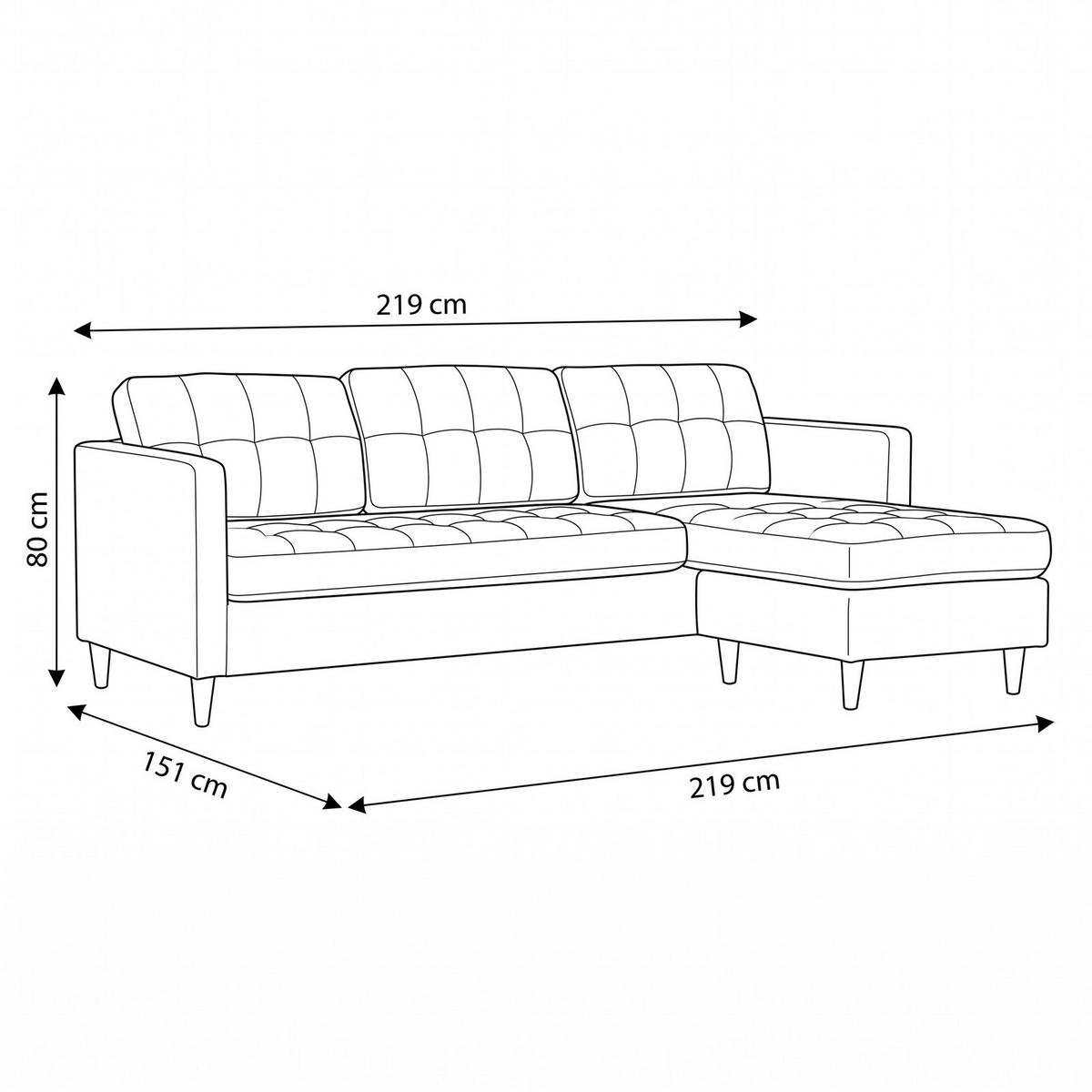 HÖRNSOFFA Marino för 3 personer 219 x 151 x 80 cm – ljusgrå - Grå/Ljusgrå, Textil (219/151cm) - ebuy24