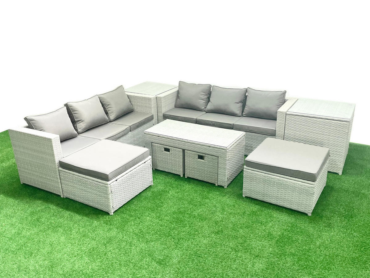 BALKONMÖBEL-SET Polyrattan Hellgrau-Mix 10-teilig - Hellgrau/Grau, Glas/Kunststoff - Fimous