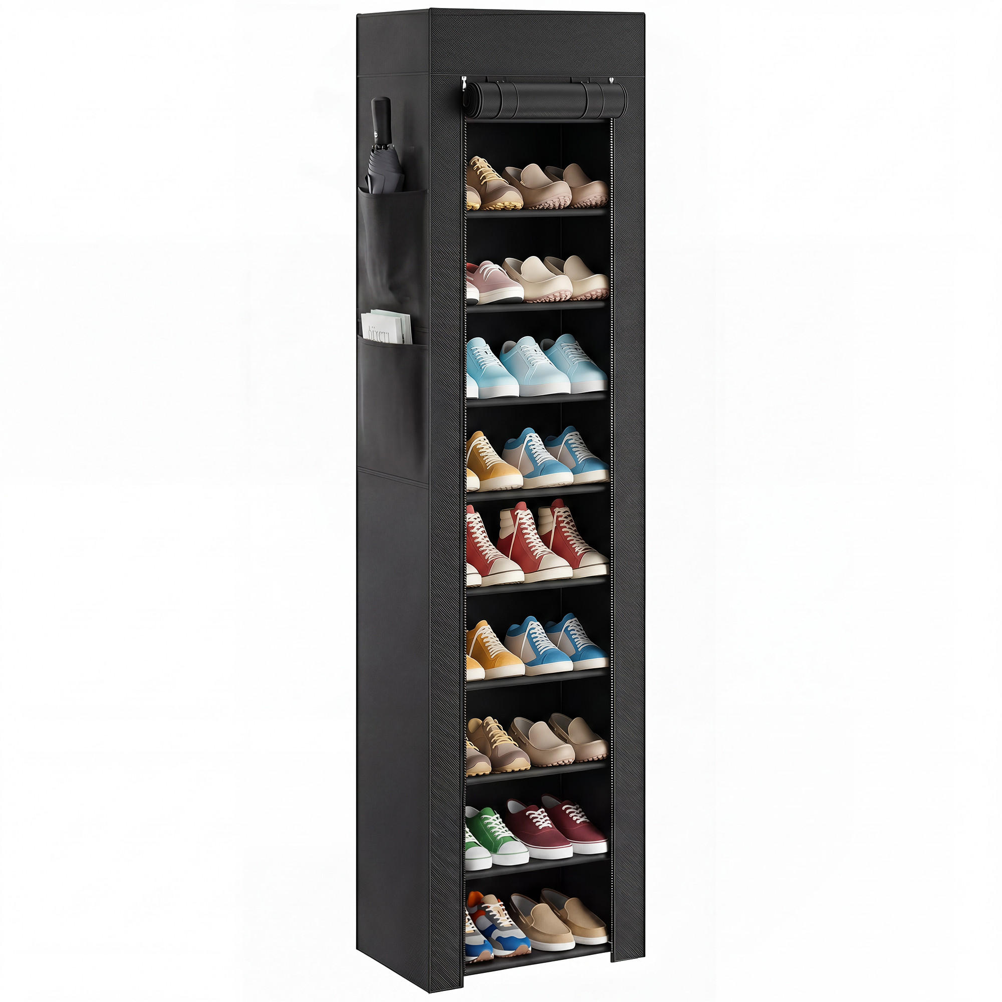 SCHUHREGAL,10 Etagen Metall mit Staubhülle für 20 Paar,schwarz - Schwarz, Kunststoff (45/175/30cm) - Vallsero