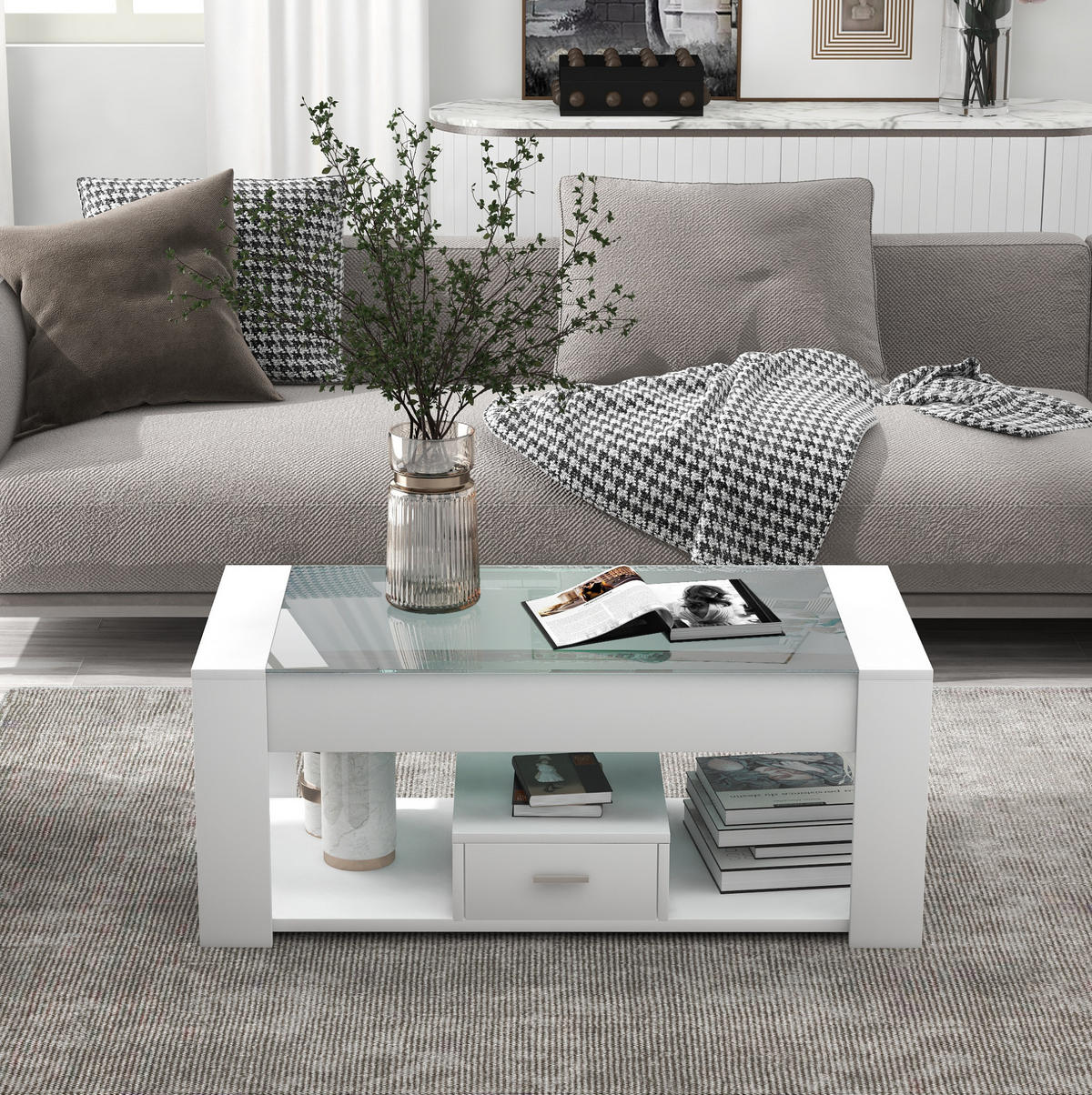 COUCHTISCH, weiße Glasplatte, Spanplatte, 2 Schubladen & offenes Fach, 100/50/40 cm,weiß - Weiß, Holzwerkstoff (100/50/40cm) - Redom