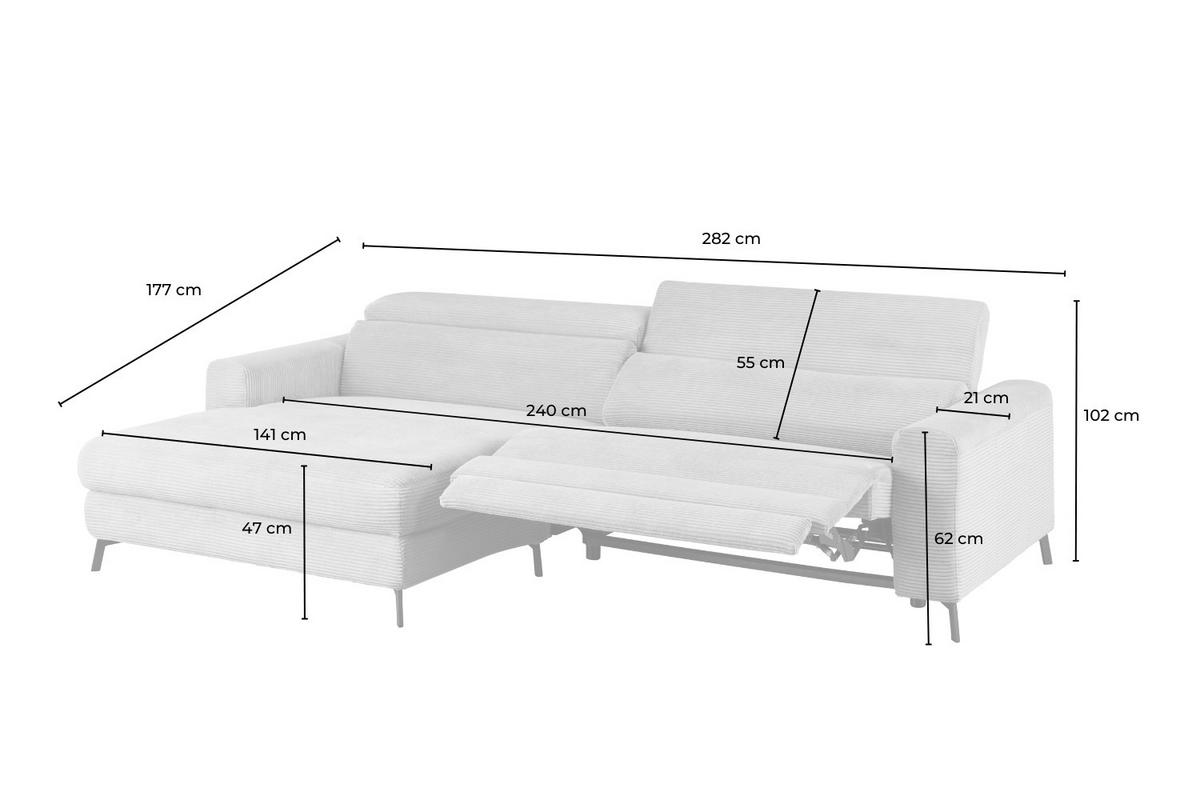 ECKSOFA LAISKA Hellgrau Cord Relaxfunktion - Hellgrau/Schwarz, Textil/Metall (282/177cm) - KAWOLA