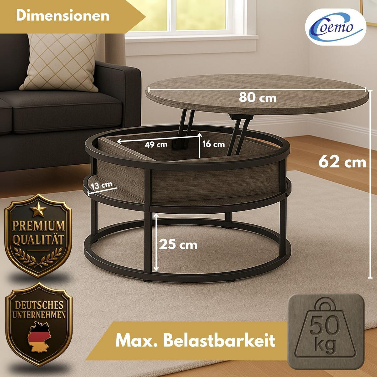 COUCHTISCH SWING Grau verstellbare Tischplatte Aufbewahrungsfach - Grau, Metall (80/80/47cm) - Coemo