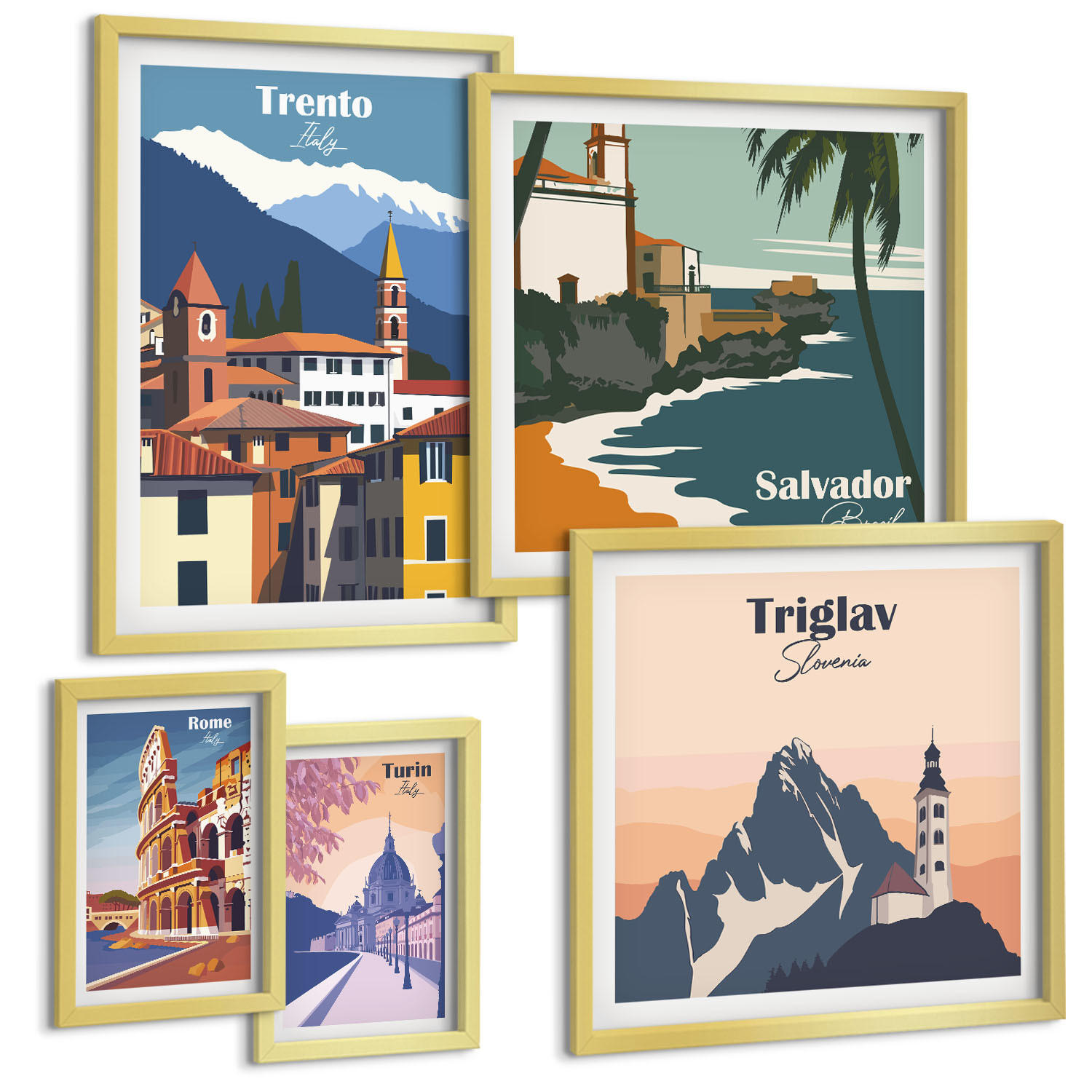 BILDER SET 5er Set - 50x50 cm & 20x30 cm & 40x60 cm Goldrahmen - Blicke auf berühmte Orte am Meer - Goldfarben, Kunststoff (40/60cm) - TULUP