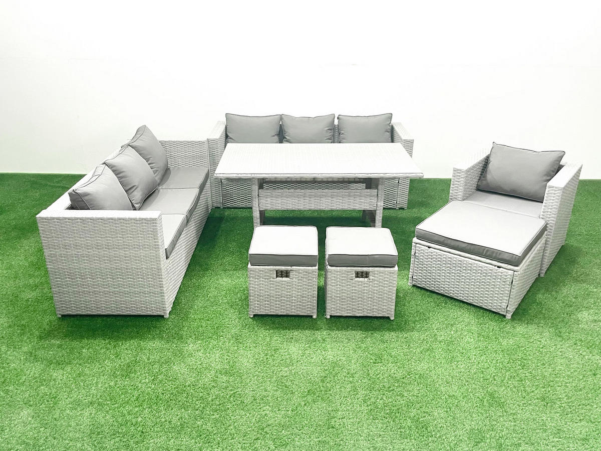 GARTENMÖBEL SET mit 3-Sitzer-Sofa und Sessel, Esstisch,3 Hockern Polyrattan Hellgrau 10-Sitzer - Hellgrau/Grau, Glas/Kunststoff - Fimous