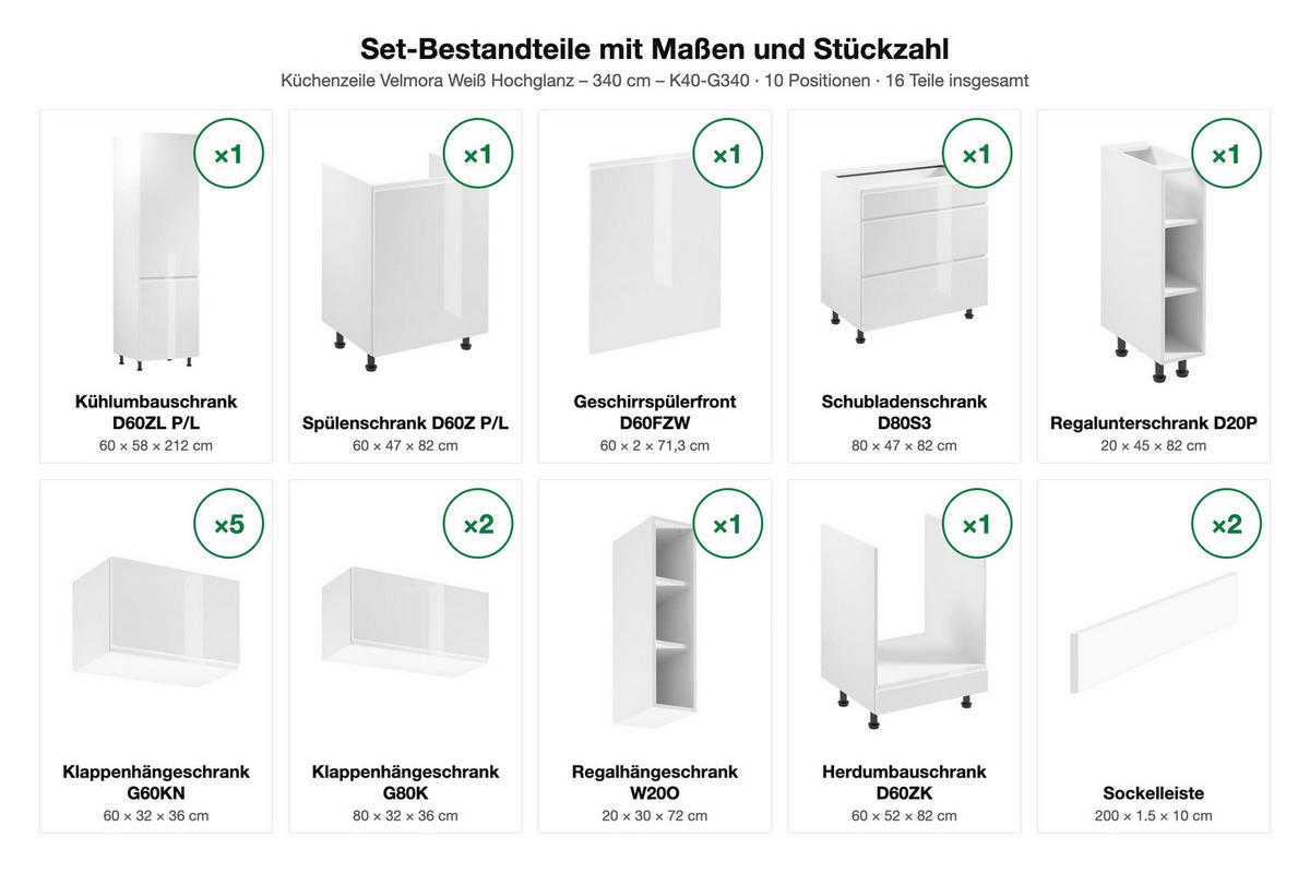 KÜCHENZEILE Velmora Weiß Hochglanz – 340 cm – K40-G340 - Weiß, Holzwerkstoff (340/212/60cm) - ROYAL24_MARKT