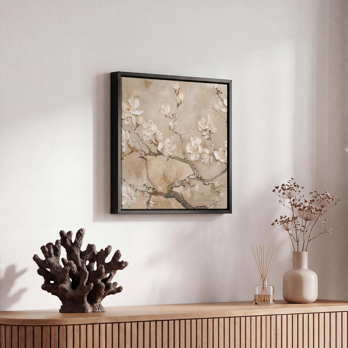 LEINWAND Bilder mit Rahmen - Blumen - Modern - Beige - Weiß - Blüte - 20x20 - Beige, Textil (20/20cm) - MuchoWow
