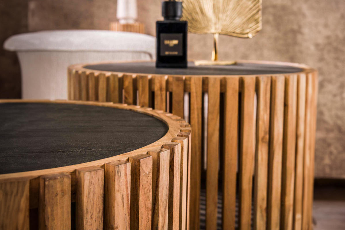 COUCHTISCH-SET PINE Schwarz Stein - Schwarz/Braun, Akazienholz/Stein (68/68/40cm) - KAWOLA