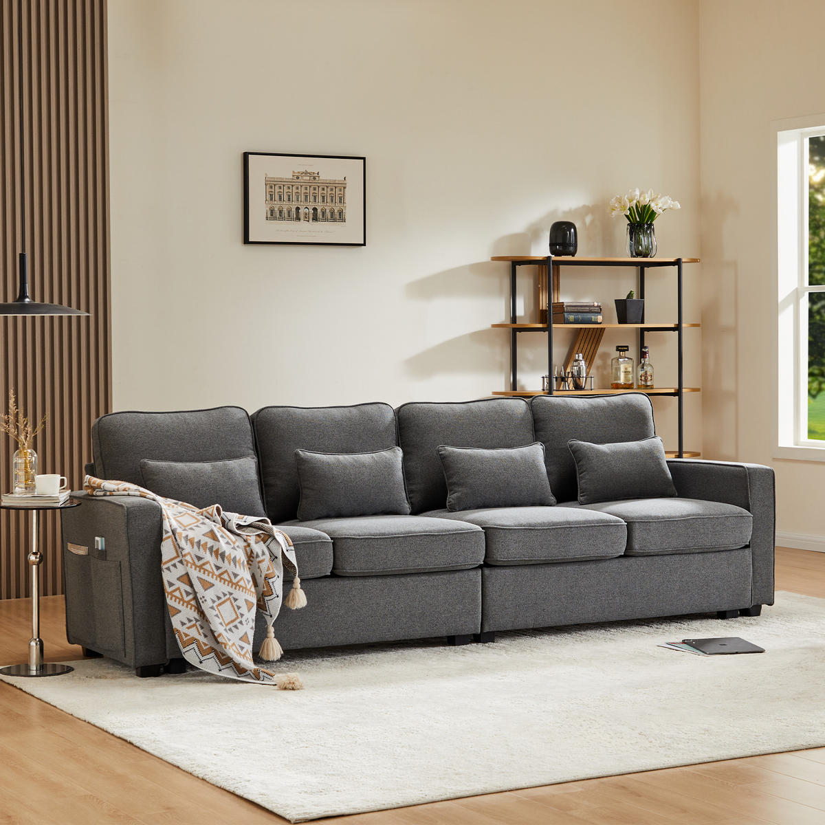 4-SITZER Sofa Leinenstoff mit Armlehnentaschen und 4 Kissen 264/83/87 cm Dunkelgrau - Dunkelgrau, Textil (87/264/83cm) - Redom
