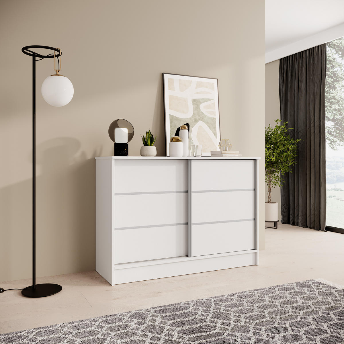 KOMMODE Mirela mit 2 Schiebetüren 120 cm, Weiß - Weiß, Holzwerkstoff (121/85/43.5cm) - Beautysofa