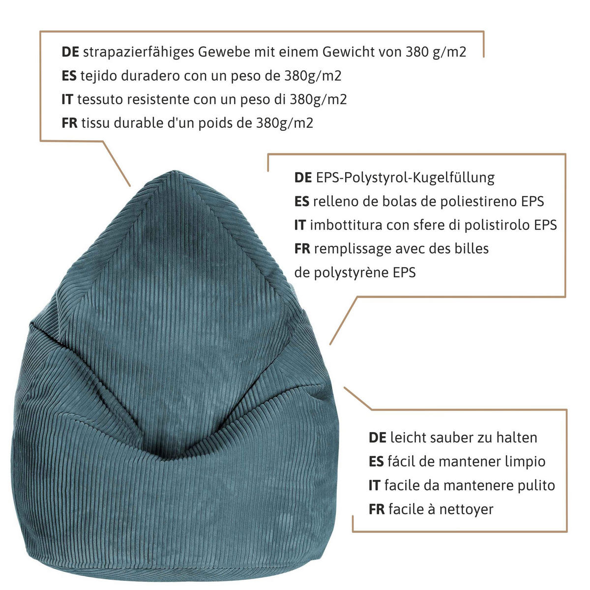SITZSACK MIT FUßSTÜTZE Kordsamt 2-tlg Ocean Depths S - Blau, Textil (70/105/70cm) - Dreamroots