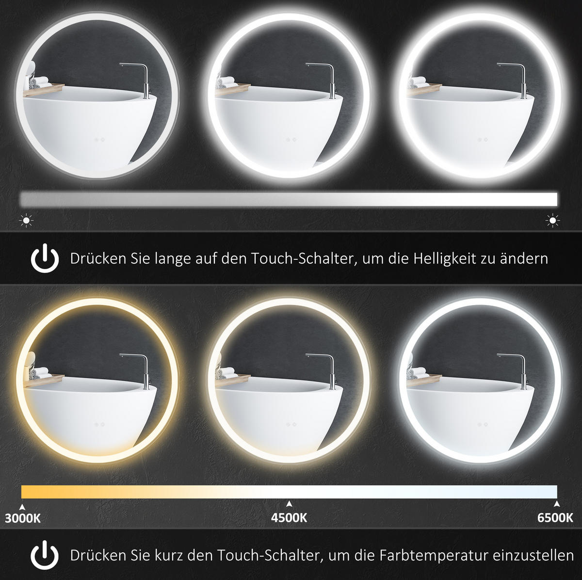 WANDSPIEGEL Runder 60/3/60 cm weiß aus Aluminium mit LED-Touch, Memory und Antibeschlag - Weiß, Metall (3/60/60cm) - OKWISH