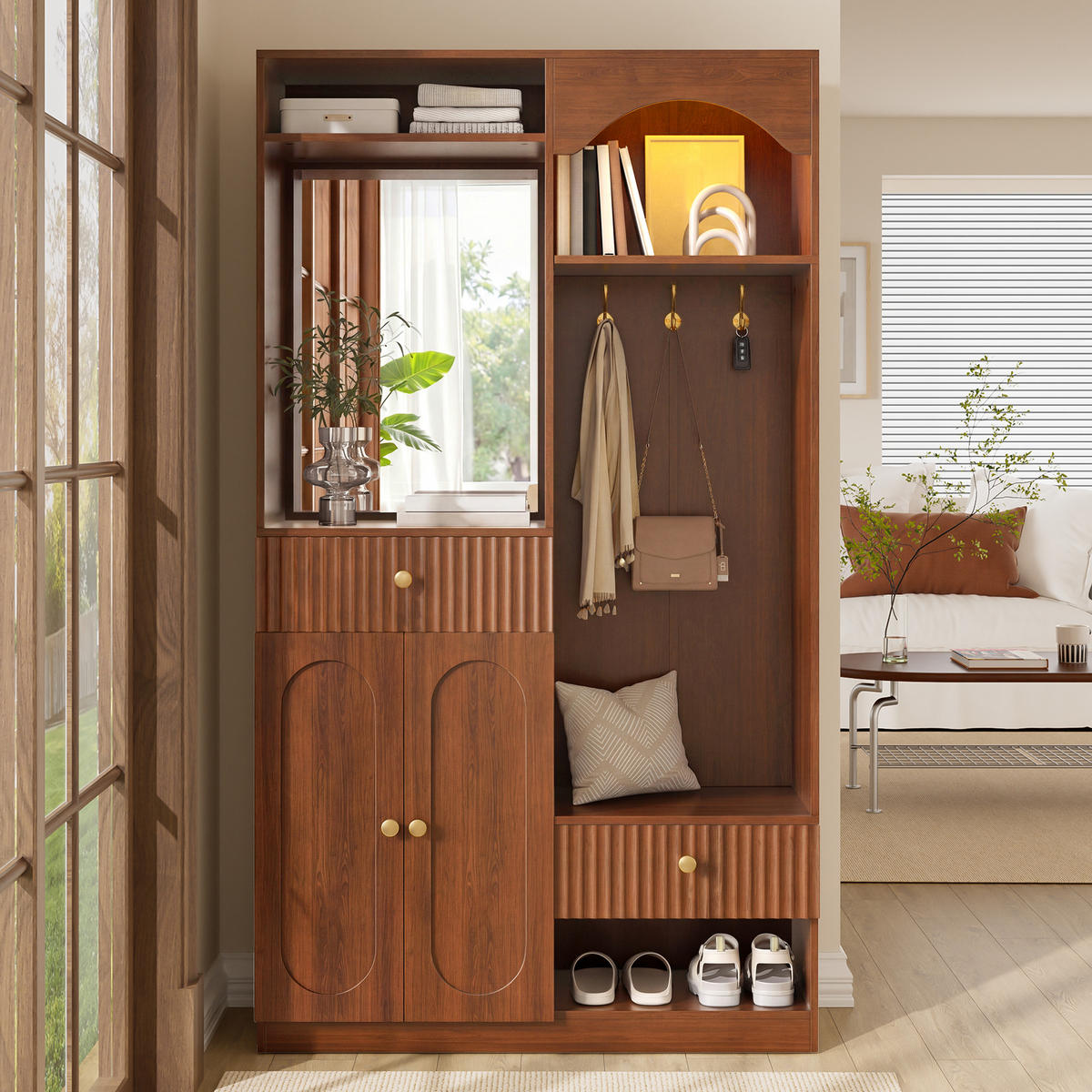 KOMPAKTGARDEROBE Spiegel Sitzbank Schuhschrank Haken LED - Walnussfarben, Holzwerkstoff (100/180/35cm) - FLIEKS