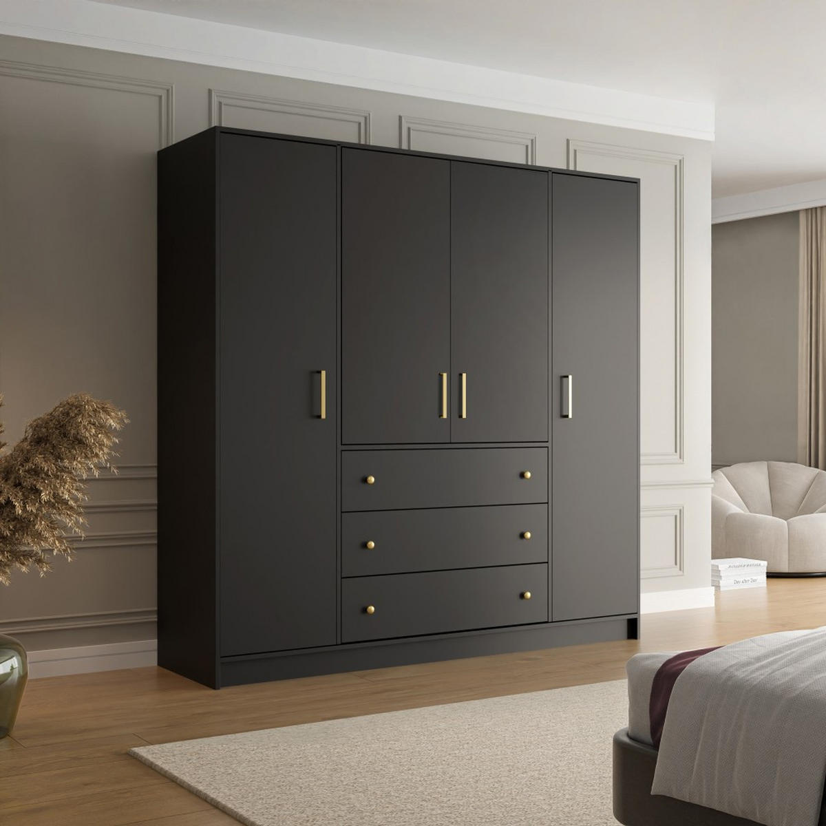 DREHTÜRENSCHRANK Rilo mit 4 Türen und 3 Schubladen, 200 cm, Schwarz - Schwarz, Holzwerkstoff (196/210/58cm) - Beautysofa