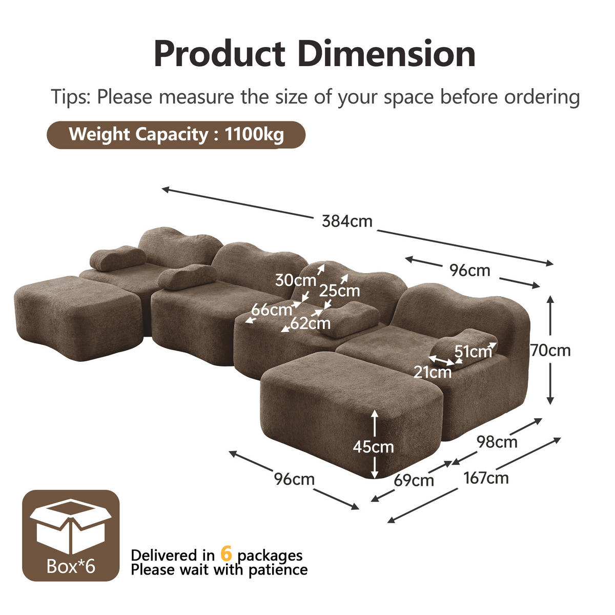 4-SITZER Sofa 384x167x70 cm aus Samtstoff rahmenlos modular, braun - Braun, Textil (167/70/384cm)