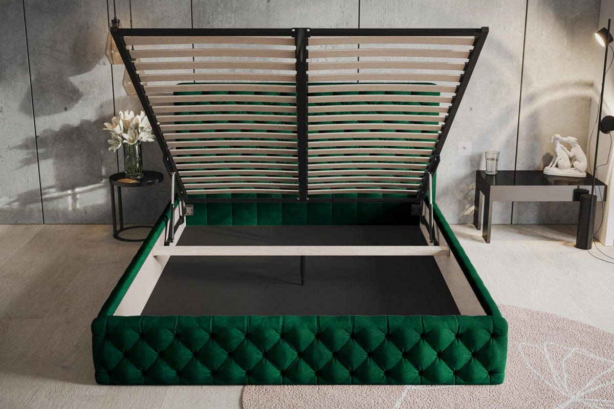 BETT 90x200 - Polsterbett mit Bettkasten und Metallrahmen - Elegant Betten - Glatter Kronos-Stoff - Kollektion Miami, Grün - Grün, Holz/Textil (90/200cm) - Alpi-Möbel