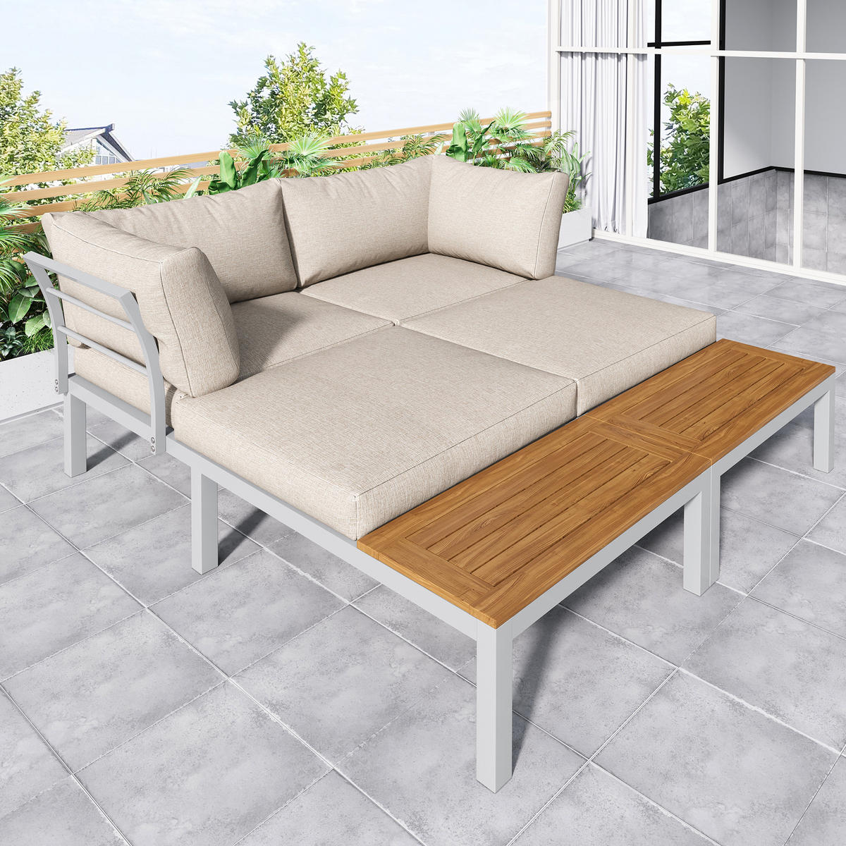 LOUNGESET 5-tlg. Beige 2x Zweisitzer 2x Tische 1x Tisch Akazie - Beige, Metall - FLIEKS