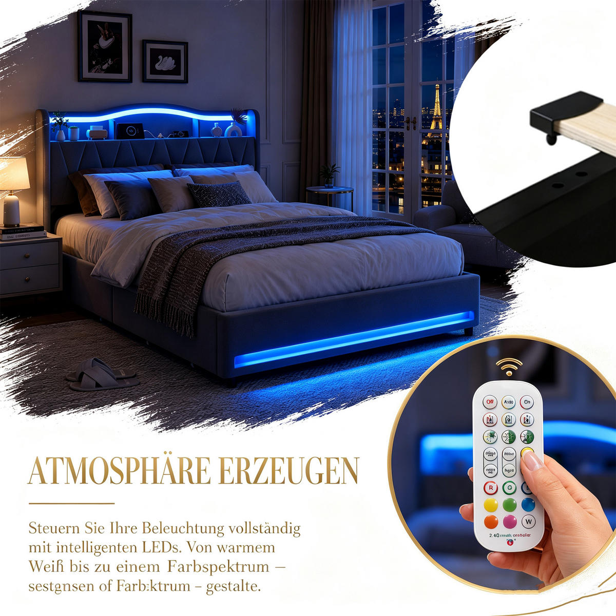 POLSTERBETT 140x200 mit stauraum, doppelbett mit LED, 4 Schubladen, Lattenrost, USB, Kopfteil, Samtstoff, Grau - Grau, Holz/Textil (140/200cm) - GENKI LIVING