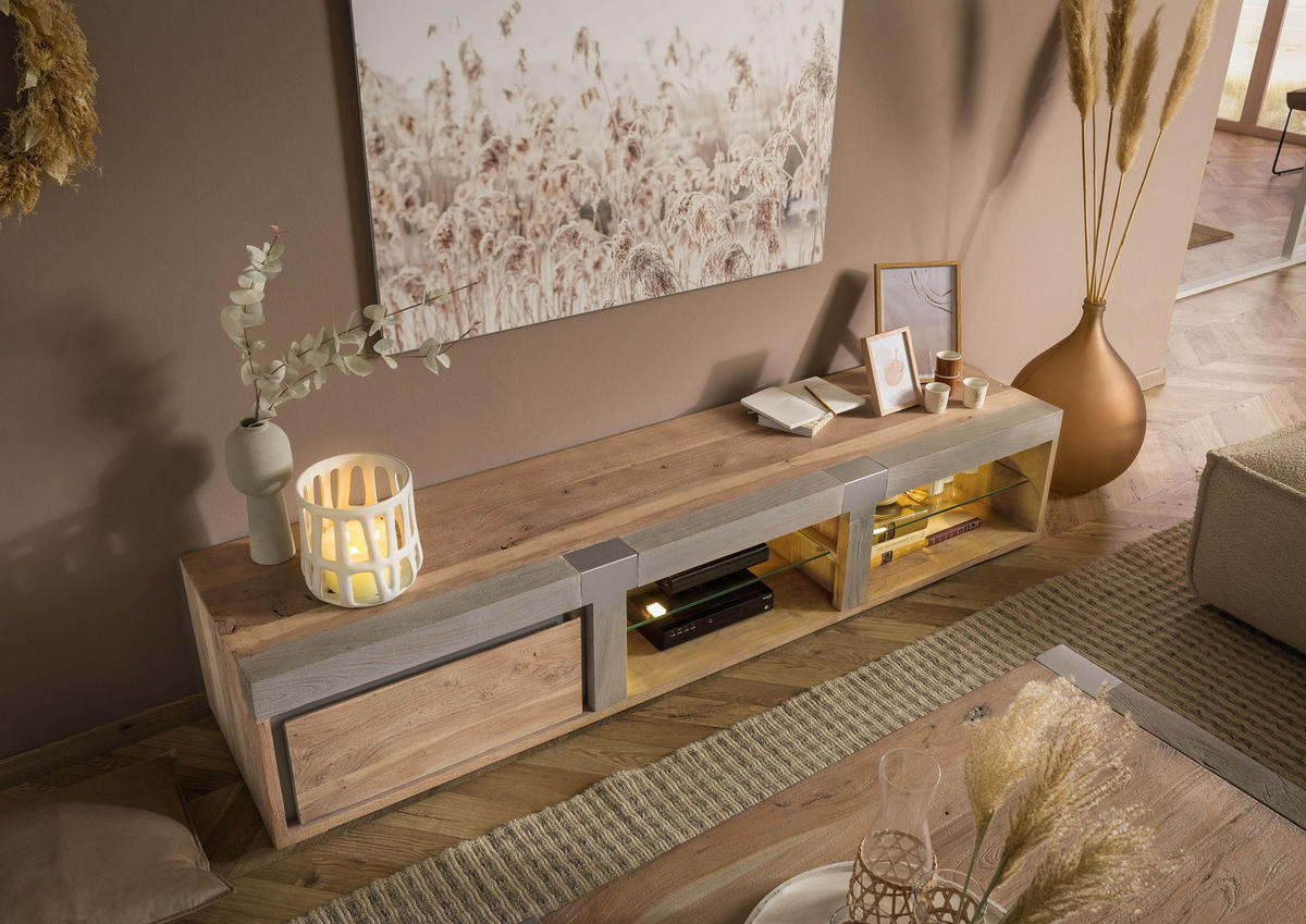 TV-BOARD Akazie 205x48x39 beige lackiert Amsterdam #103 - Beige, Holz (205/39/48cm) - Massivmoebel24
