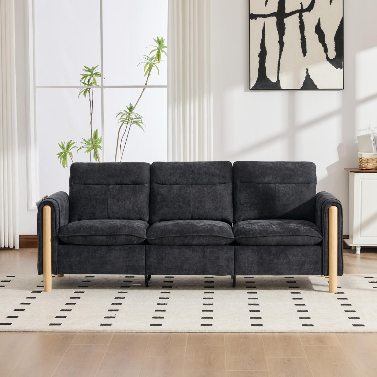 SOFA mit Stauraum-Hocker L-Form 201 cm Chenille Schwarz - Schwarz, Holz (77/201cm) - Meubliv