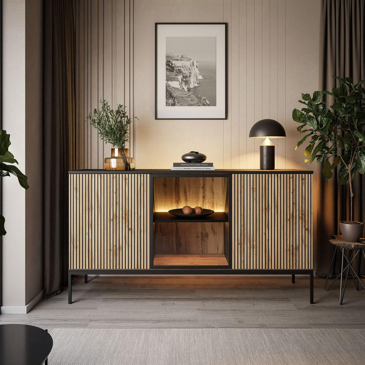 SIDEBOARDS ECLIPSE K154 mit Beleuchtung,Schwarz Eiche Wotan - Eiche Wotan, Holzwerkstoff (154/83/39cm) - Lookway