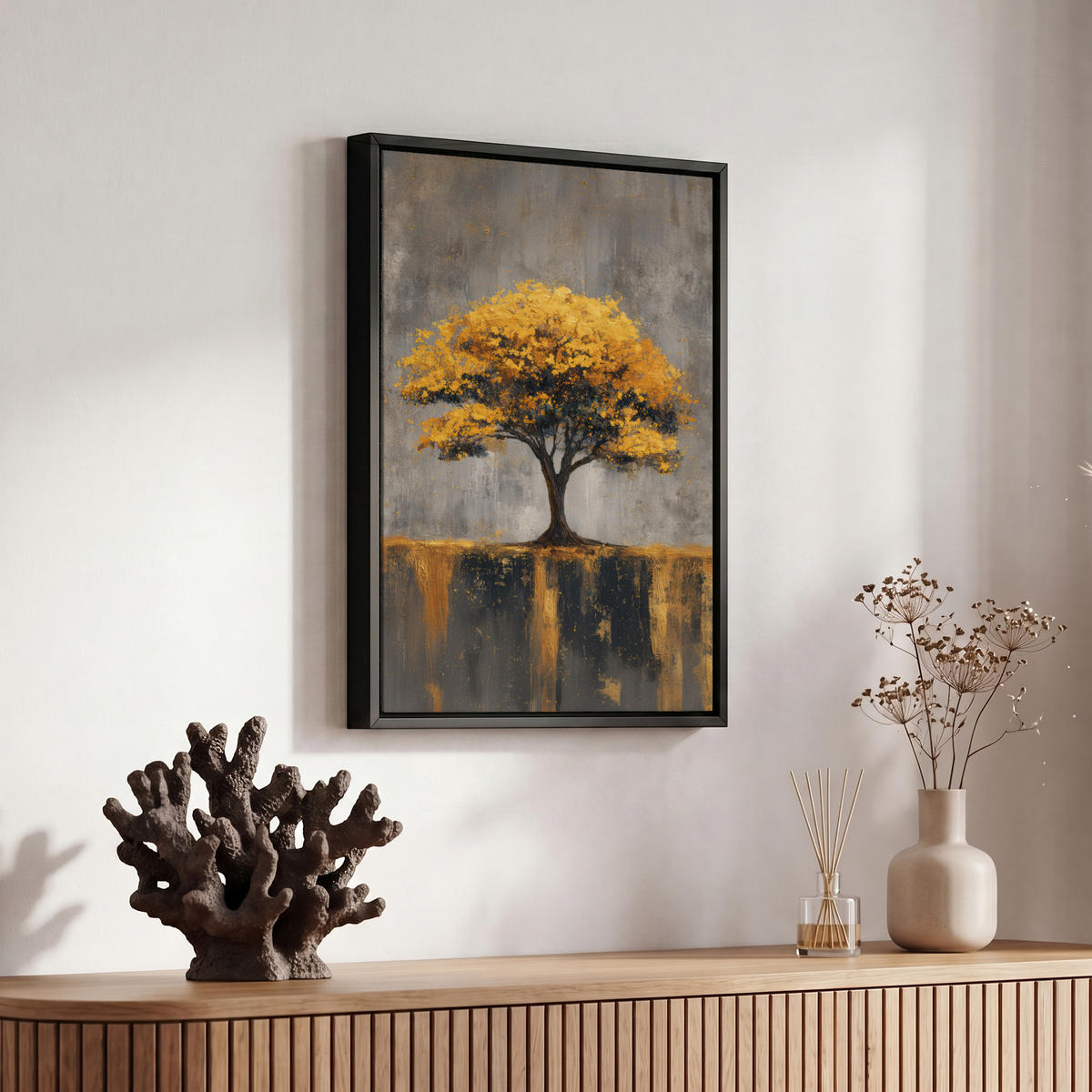 LEINWAND Bilder mit Rahmen - Baum - Blätter - Gold - Abstrakt - 20x30 - Grau, Textil (20/30cm) - MuchoWow