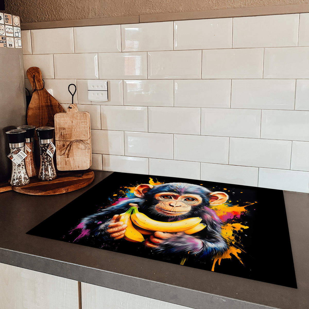 HERDABDECKPLATTE Affe - Graffiti - Farbenfroh - Bananen - Modern Herdabdeckung Induktionsfeld 70x52 cm - Gelb, Kunststoff (70/52/0.2cm) - MuchoWow