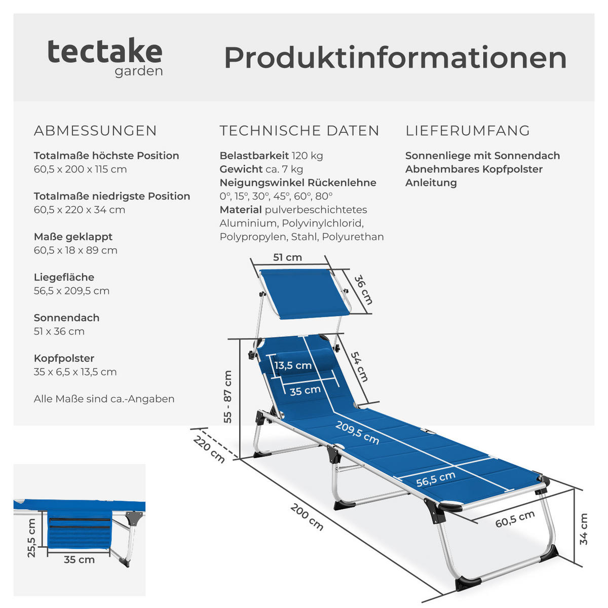 SONNENLIEGE Lorella,220 x 60,5 x 34 cm, mit Seitentasche ,blau - Blau, Kunststoff (60.5/115/200cm) - tectake