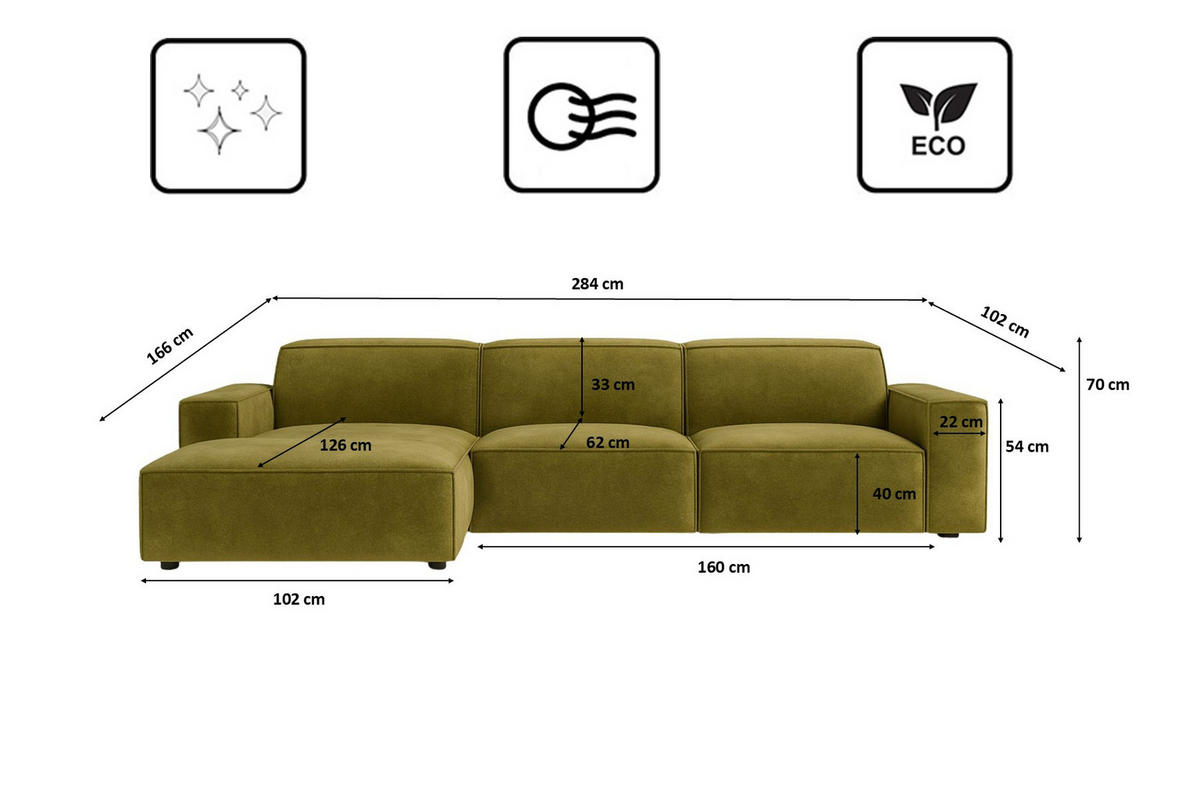 ECKSOFA Cursal L-Form, Stoff Salvador, Olive, Links - Olivgrün, Holz (284/166cm) - Kaiser Möbel