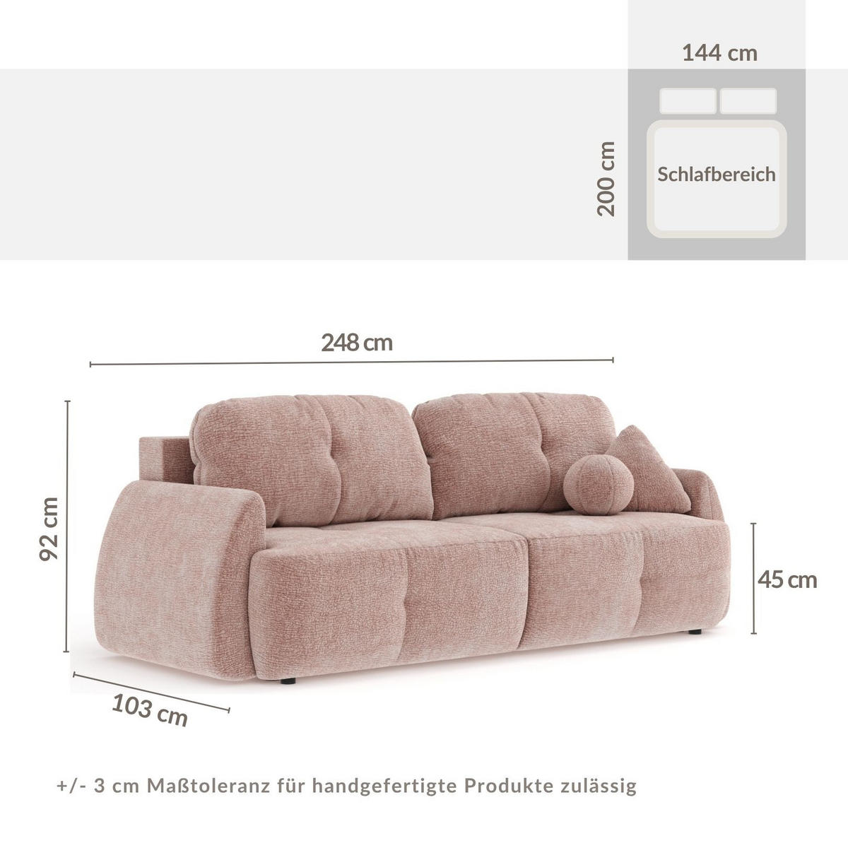 SCHLAFSOFA Loca Rosa Chenille - Schwarz/Rosa, Holz/Holzwerkstoff (248/92/103cm) - Maison de Reve