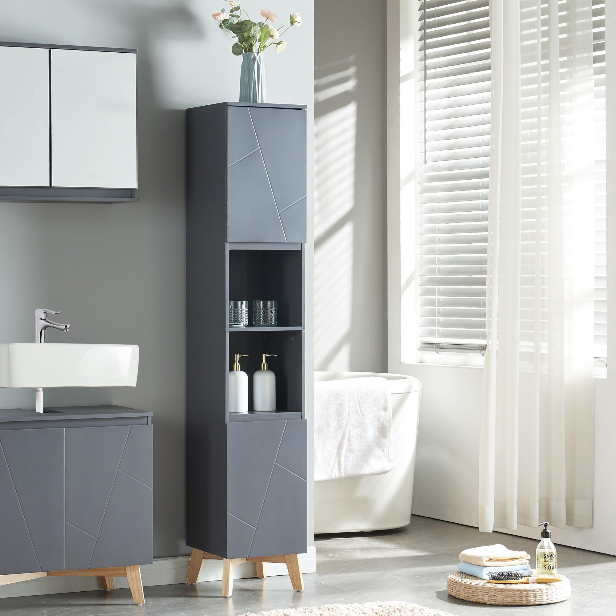 HOCHSCHRANK Overath - Naturfarben/Grau, Eichenholz/Holzwerkstoff (30/160/30cm) - [en.casa]