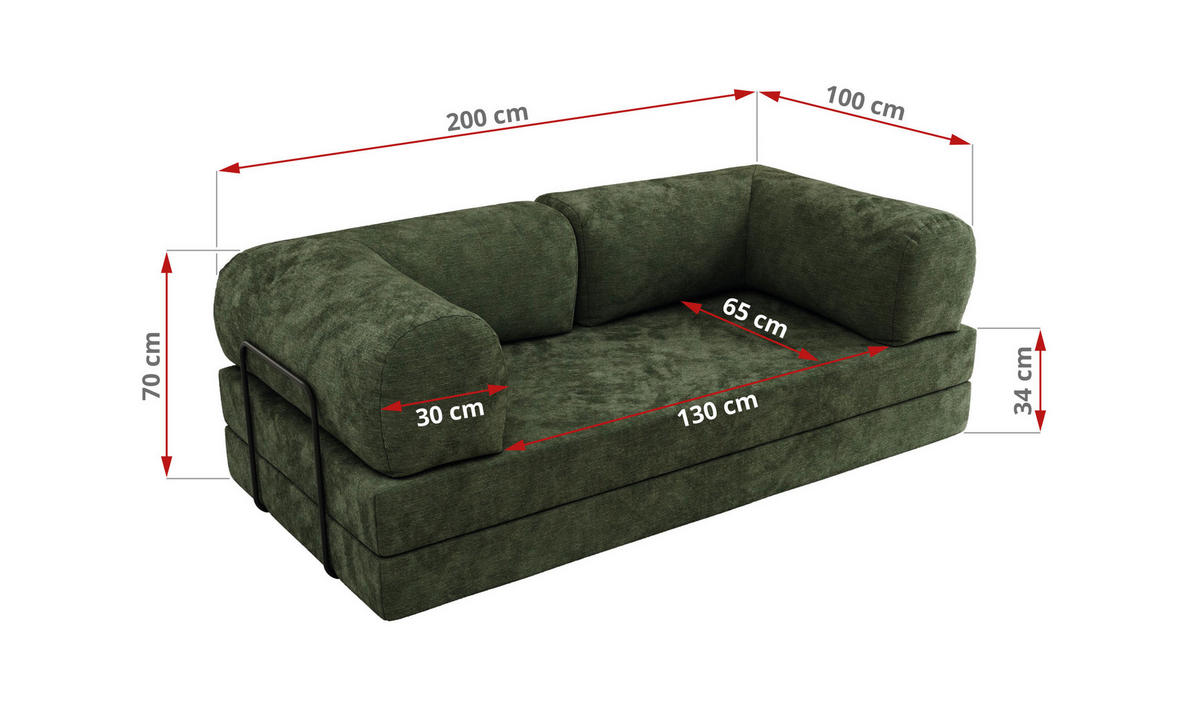 TROJMIESTNA POHOVKA ORSETTO - Tmavozelená Hladká ženilka - čierna/tmavozelená, kov/textil (200/70/100cm) - MKS