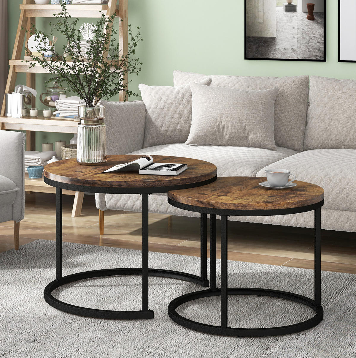 COUCHTISCH-SET 2-teilig, verschachtelbar, MDF Holzoptik mit Metallrahmen, 50/70,5 + 45,5/44 cm,Braun - Braun, Holzwerkstoff (50/50/70.5cm) - Redom
