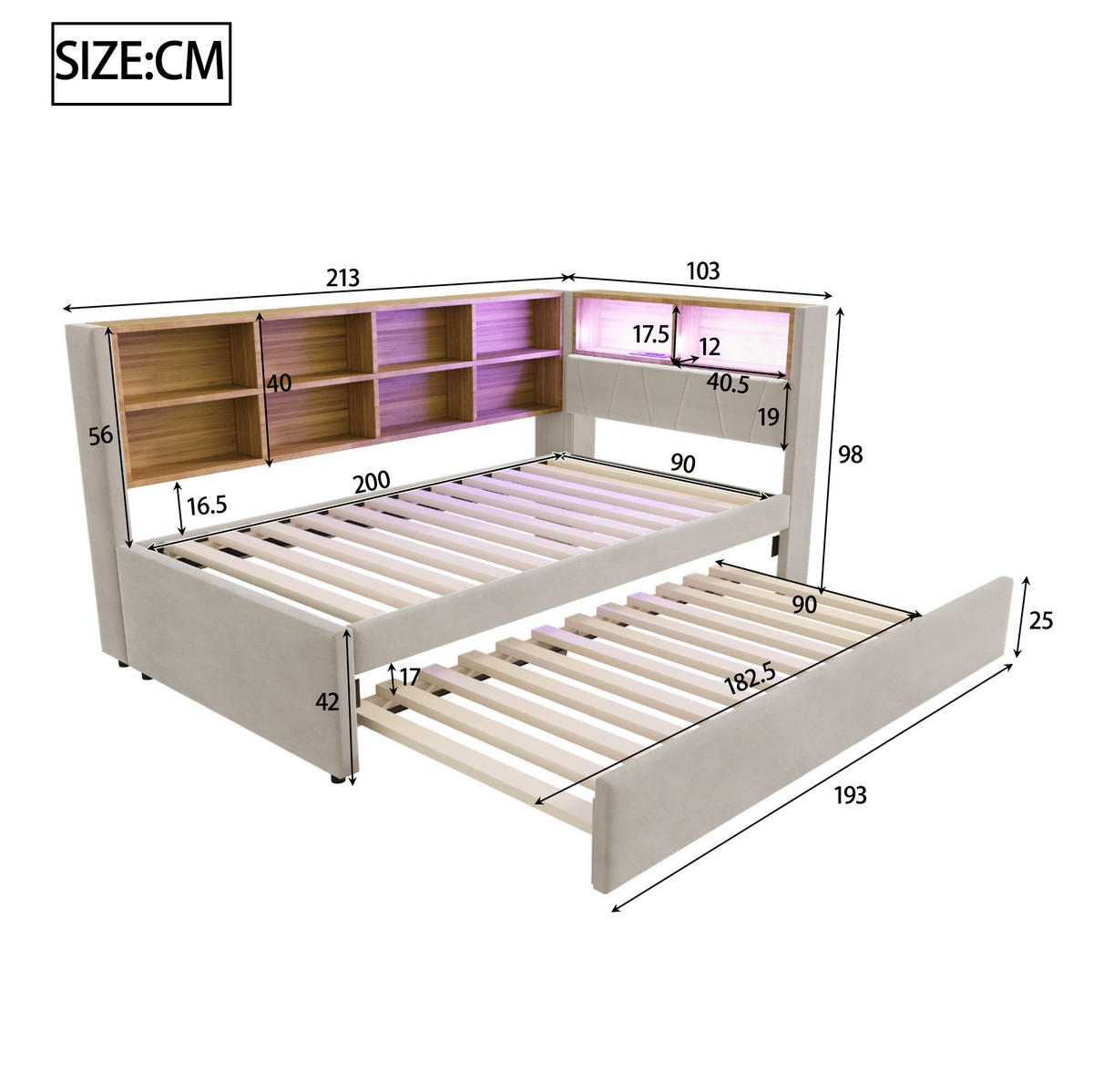POLSTERBETT 90/200 cm Hellgrau aus Flanell mit Ausziehbett und LED-Beleuchtung - Hellgrau, Textil (90/200cm) - OKMYHOME