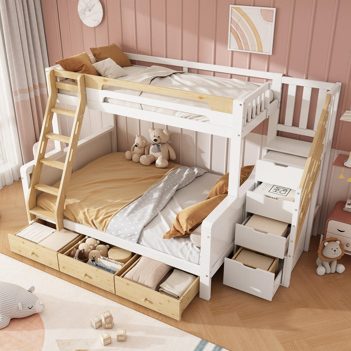 ETAGENBETT 90/140/200 cm mit Stauraumtreppe, DE-41778, in Weiß/Natur - Weiß/Naturfarben, Holzwerkstoff (140/200cm) - ComfortXL