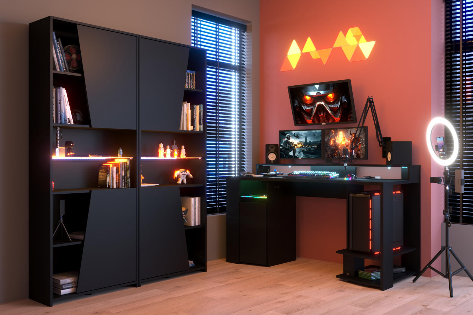 JUGENDZIMMER Gaming Set mit Schreibtisch und Schrank inkl. LED - Schwarz, Glas/Holzwerkstoff (290/180/62cm) - Parisot Meuble