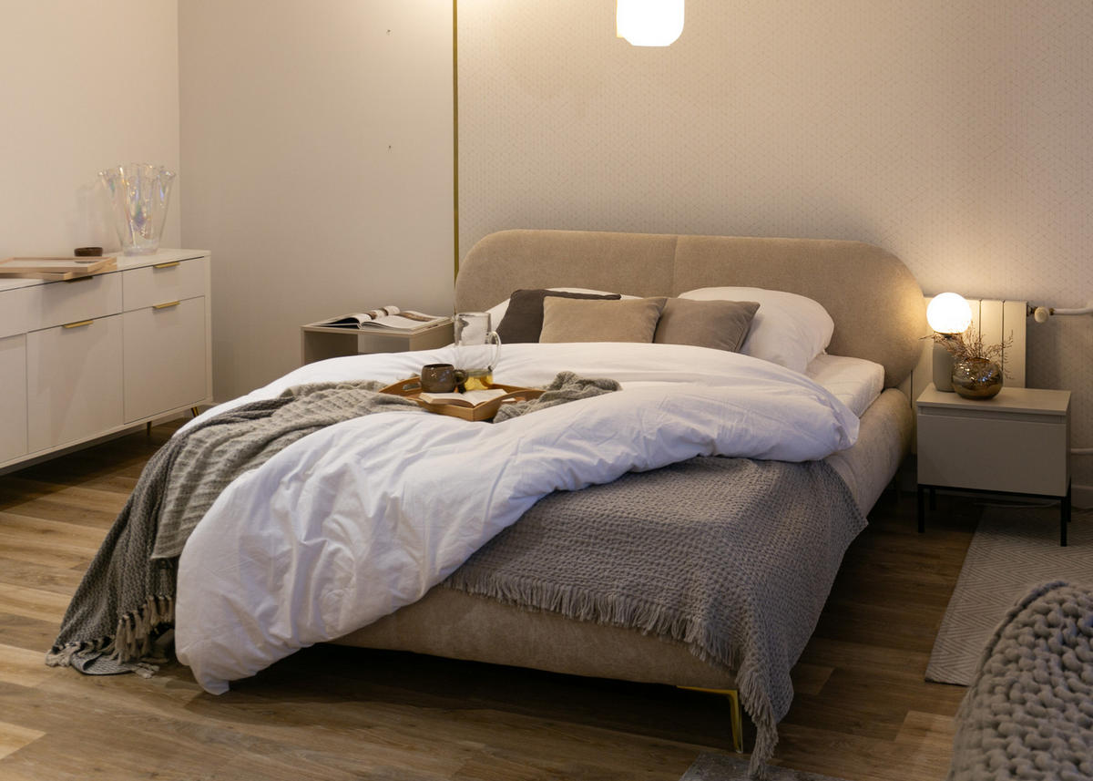 POLSTERBETT Ovalle Beige mit goldenen Metallbeinen 160 cm - Beige/Goldfarben, Textil/Metall (160/200cm) - Selsey