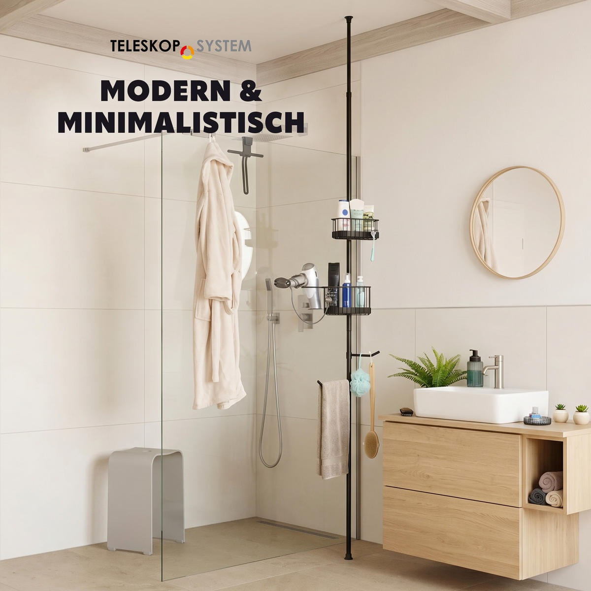 TELESKOP-BADREGAL, ausziehbar bis max. 290 cm, Metall, schwarz - Schwarz, Metall (34.5/290/14cm) - bremermann