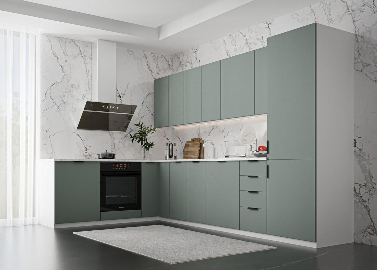 WINCKELKÜCHE 330 × 210 cm Sorento K52-M330 - Weiß/Grün, Holz/Metall (330/212/210cm)