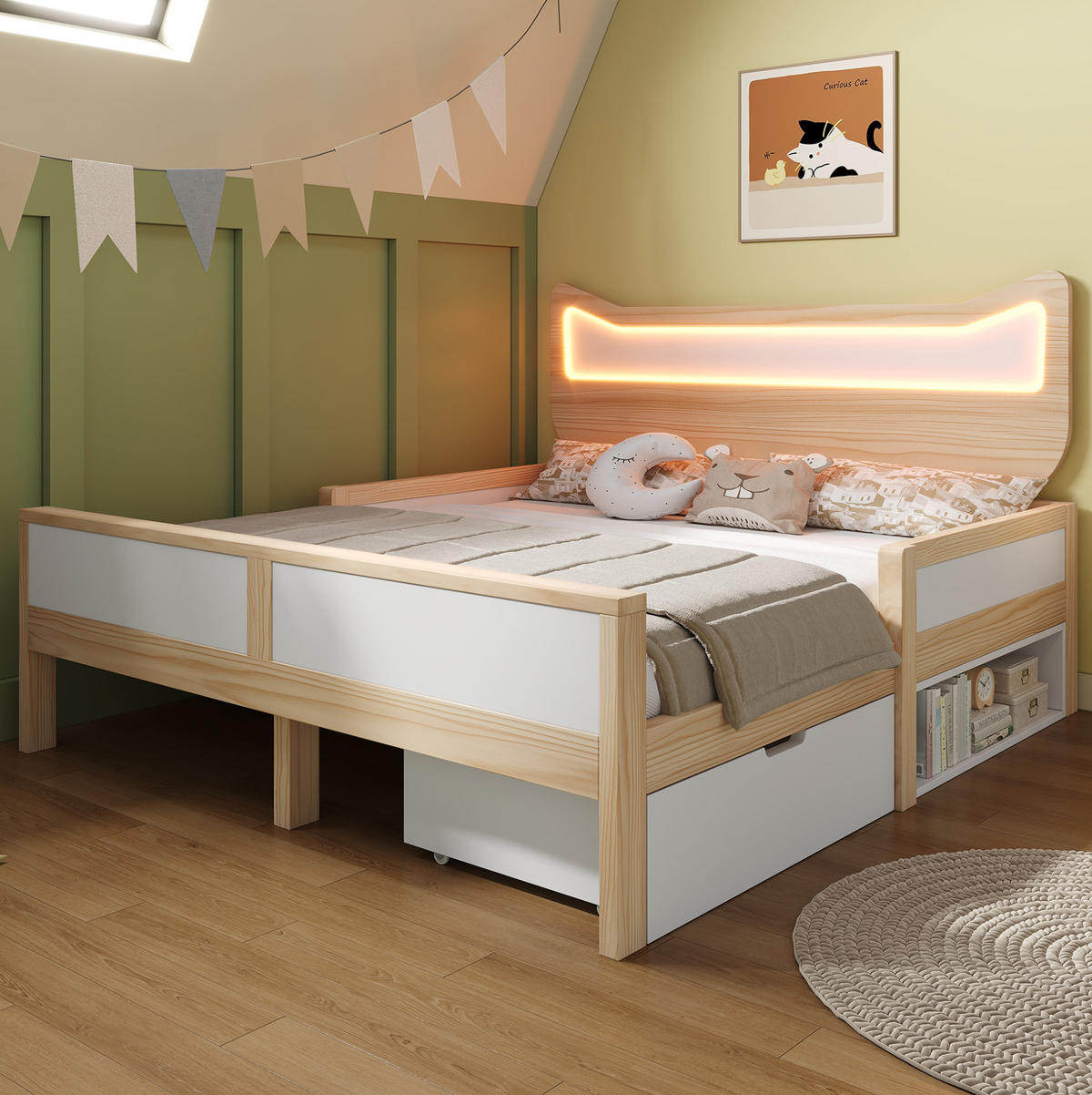 KINDERBETT 140/200 cm, Weiß/Eiche mit Katzenkopfteil und RGB-LED - Weiß, Holz (140/200cm) - MIVRAY