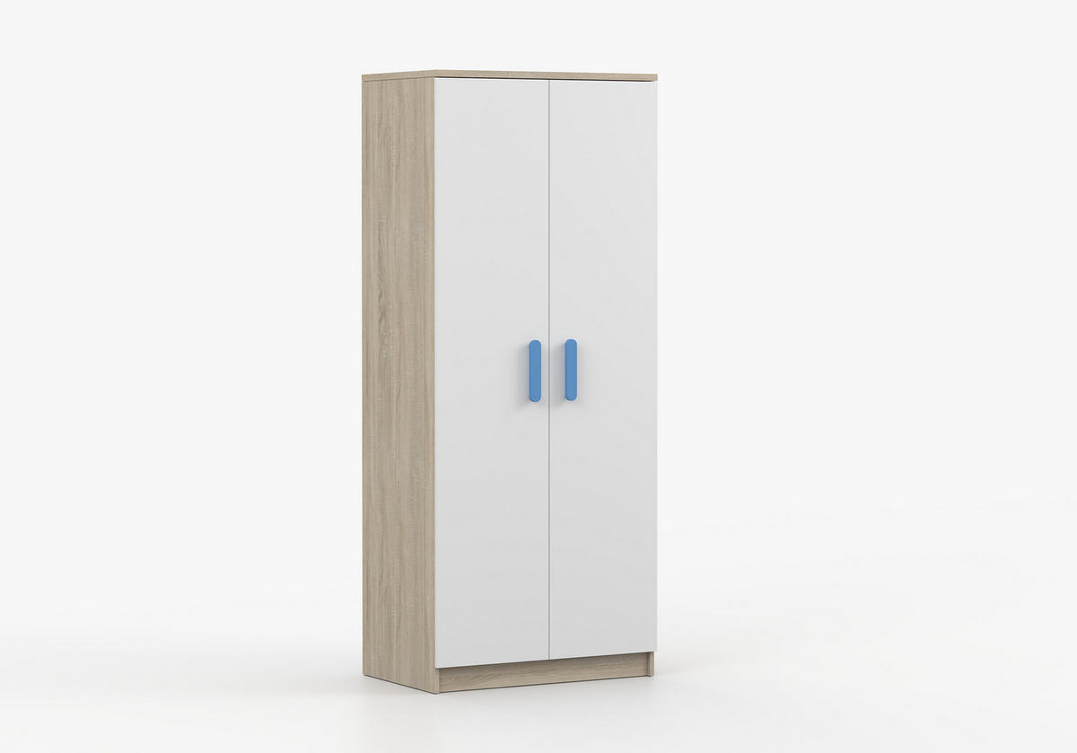 JUGENDZIMMER Elora in Eiche und Weiß – 4-teiliges Set mit Schreibtisch, Kommode, Wandregal und Schrank – Grifffarbe Blau - Braun, Holzwerkstoff (80/200/120cm)