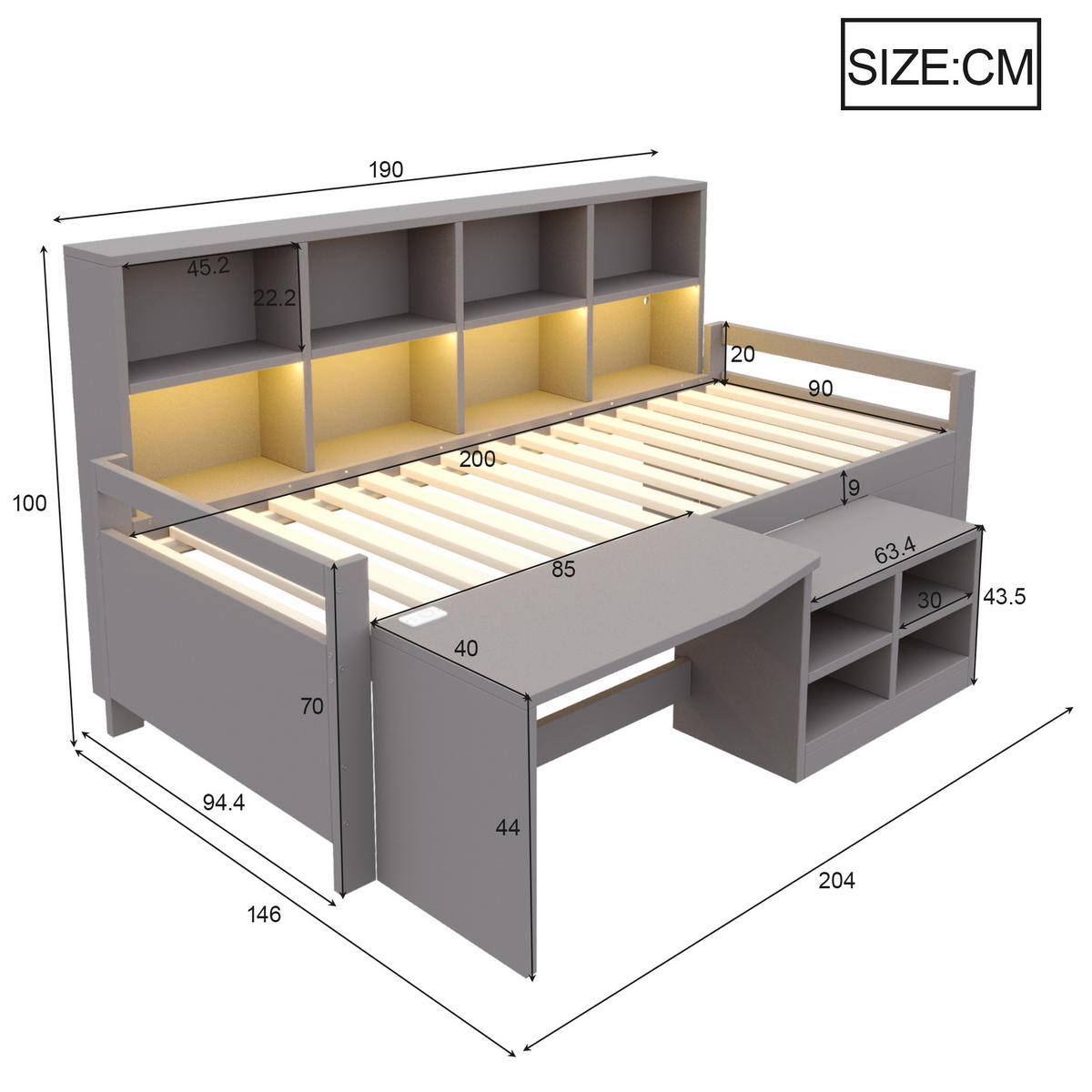 KINDERBETT 90x200cm Massivholz LED Schreibtisch Stauraum Grau - Grau, Holz (90/200cm) - FLIEKS