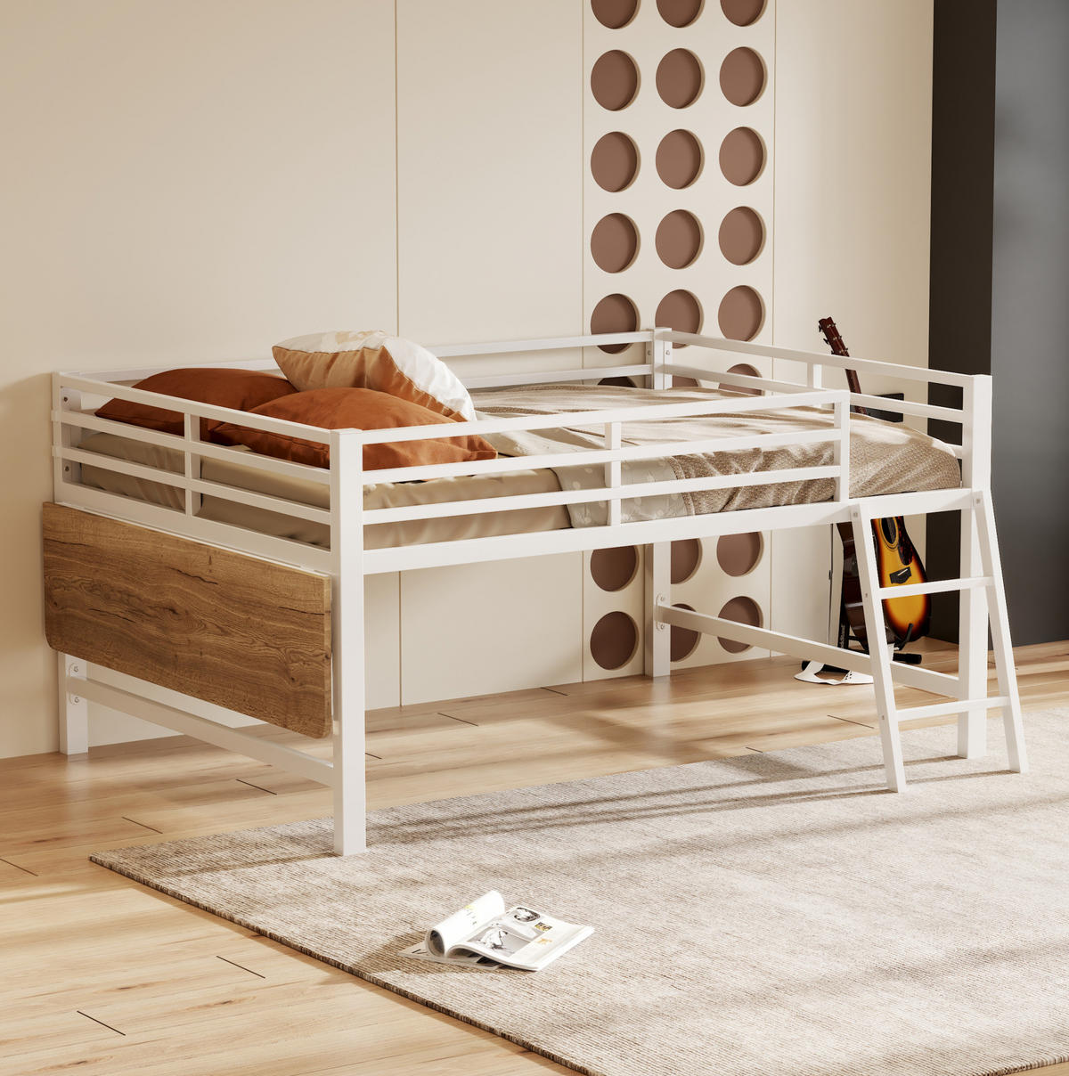 HOCHBETT 140/200 cm aus Metall mit Schreibtisch und LED-Beleuchtung in Weiß - Weiß, Metall (140/200cm) - Flora Grace