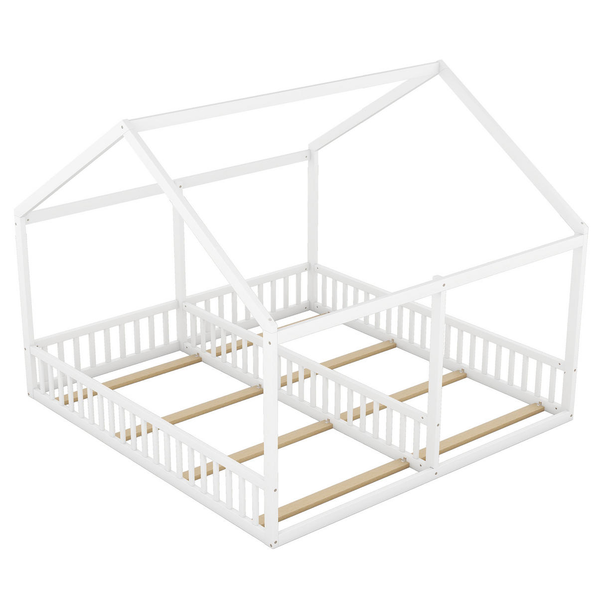 HAUSBETT aus Kiefer 90x200 cm Weiß als 2-in-1 Hausbett mit Mittelgeländer und Schutzleisten - Weiß, Holzwerkstoff (90/200cm) - Modfu